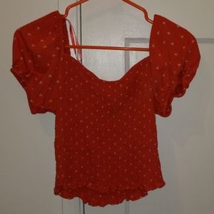 100% Rayon, red off the shoulder shirt